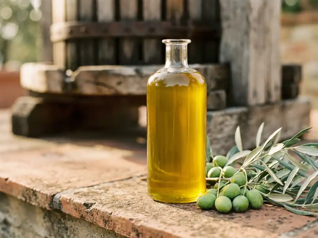 Glazen fles extra vierge olijfolie in Toscaans zonlicht op terracotta, met verse olijven aan een tak en een houten olijfpers op de achtergrond.