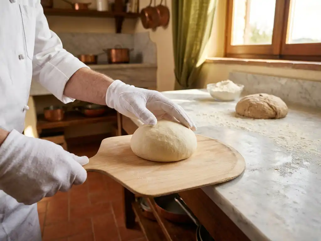 Handen in witte handschoenen plaatsen glutenvrij deeg op houten pizzaschep in warme Italiaanse keuken met terracotta tegels.
