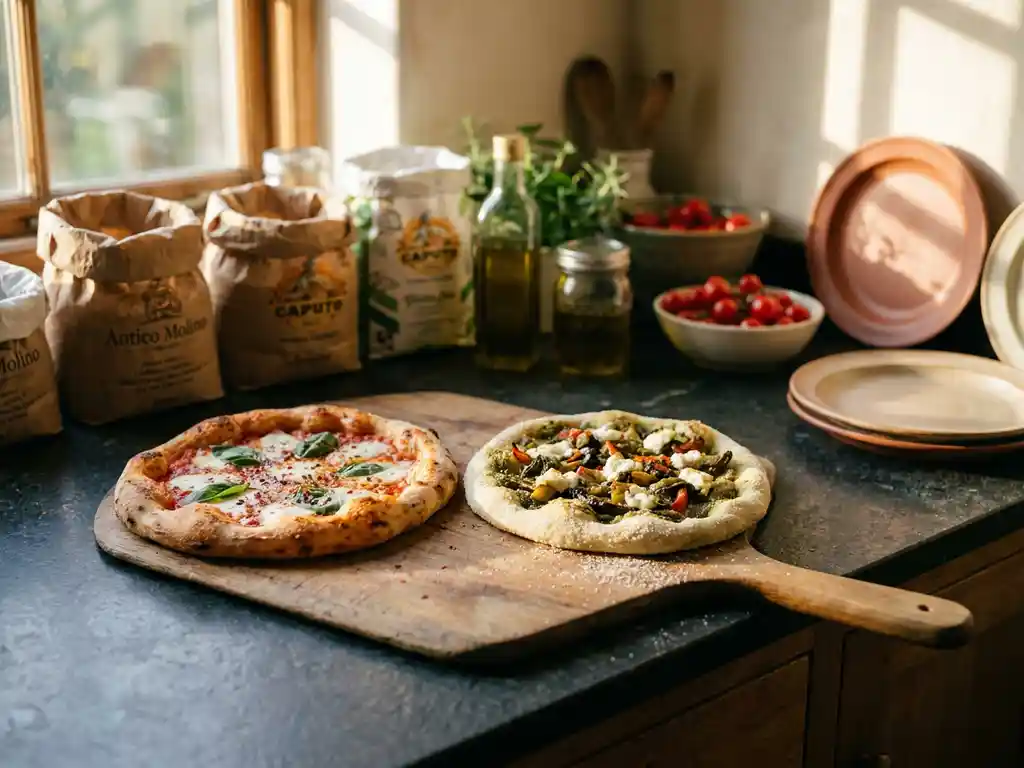 Houten pizzaschep met twee vers gebakken pizza's naast elkaar: traditionele goudbruine korst en glutenvrije variant met rijstmeeltextuur.