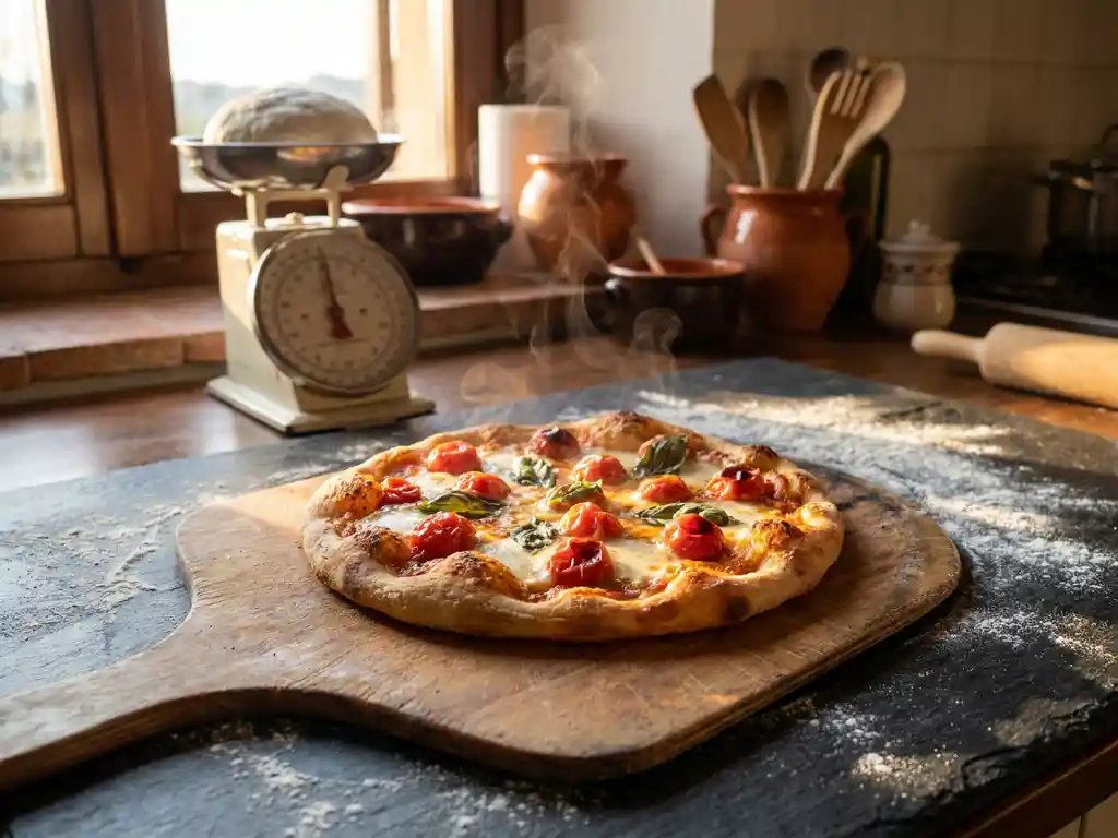 Glutenvrije pizza met goudbruine korst op houten pizzaschep, stoom stijgt op, rustieke Italiaanse keuken met natuurlijk licht.