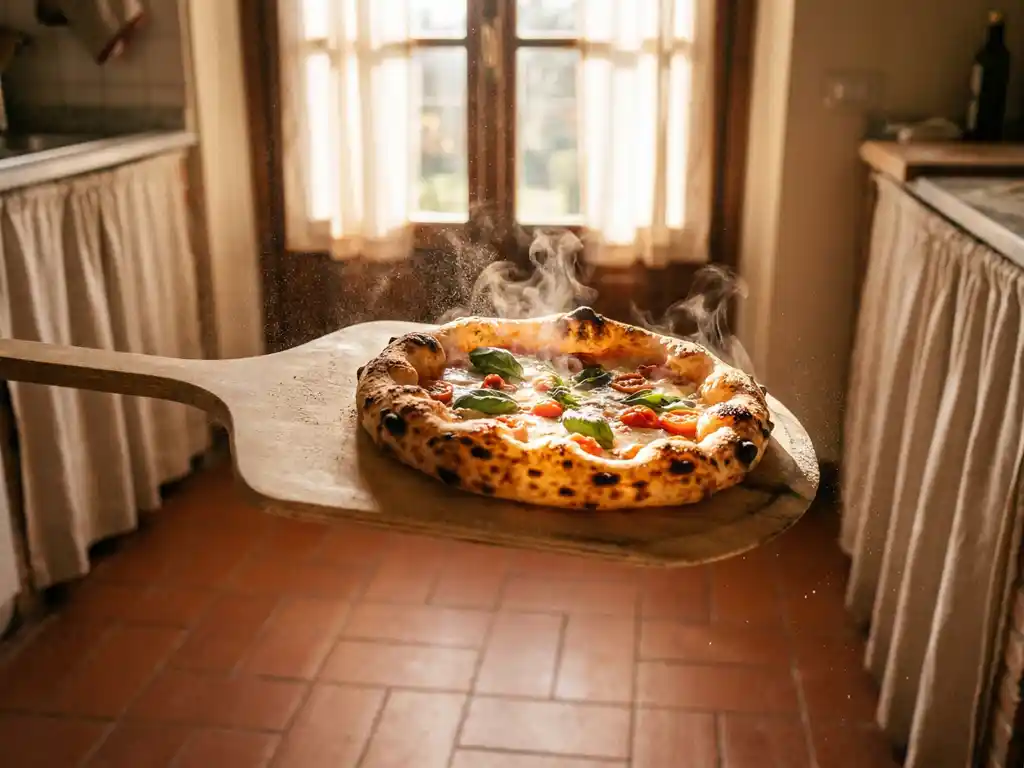 Dampende glutenvrije pizza met luchtige, goudbruine korst op houten pizzaschep in rustieke Italiaanse keuken.