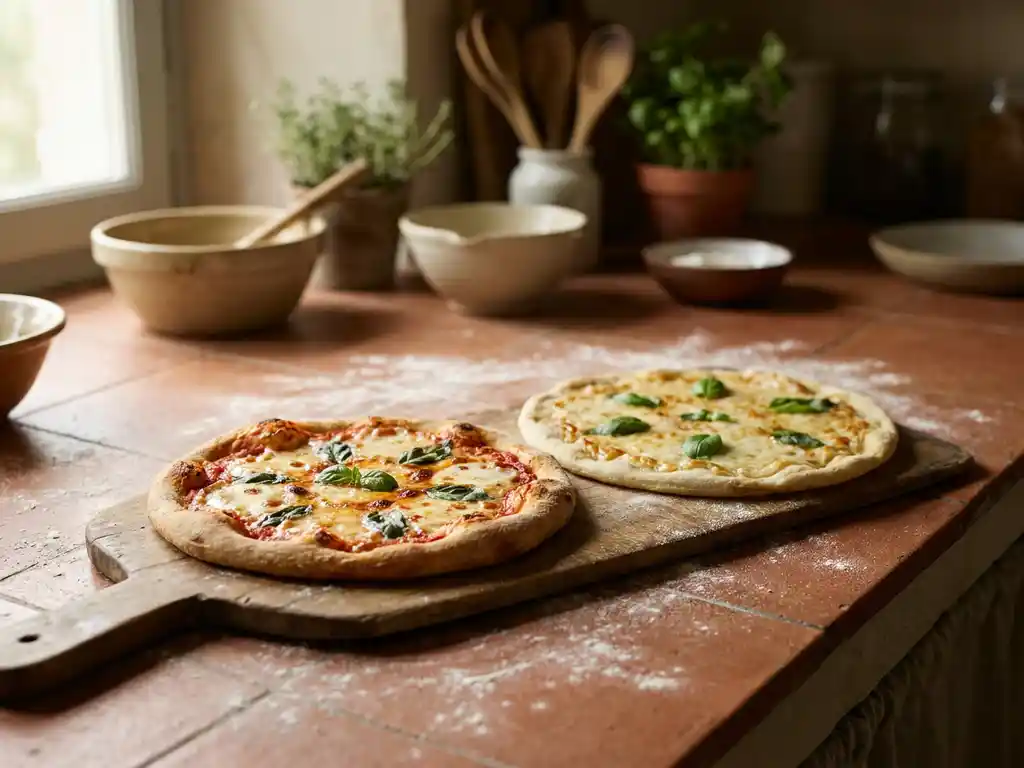 Twee verse pizza's op een houten pizzaschep: een met tarwebloem en een glutenvrij, beide met gesmolten mozzarella en basilicum op een terracotta aanrecht.