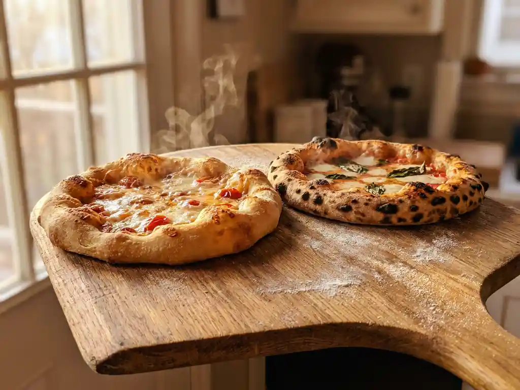 Glutenvrije pizza met luchtige korst naast traditionele pizza met luipaardvlekken op houten pizzaschep in warm ochtendlicht.