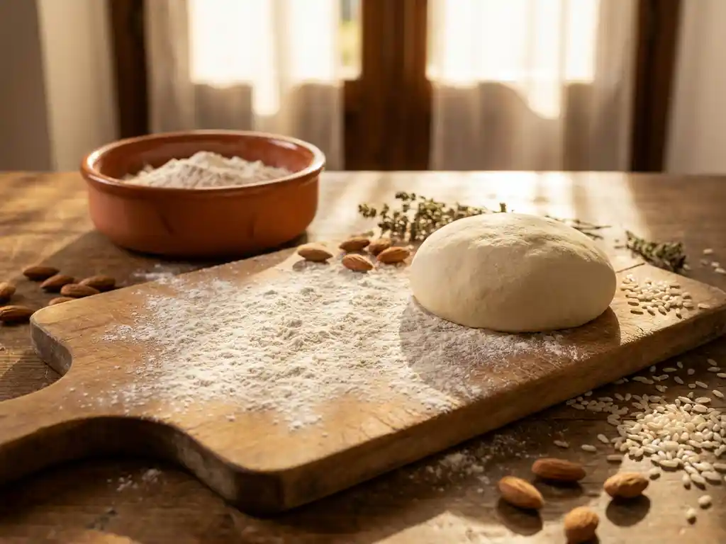 Glutenvrij pizzadeeg op rustieke houten snijplank met amandelen en rijstkorrels in warm zonlicht op aanrecht.