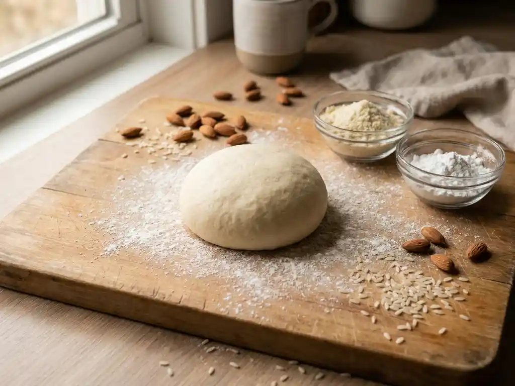 Glutenvrij pizzadeeg op houten snijplank met kommetjes amandelmeel en tapiocazetmeel, rijstmeel en rauwe amandelen.