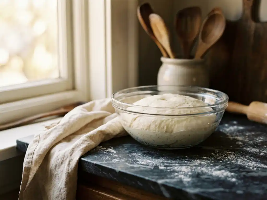 Glazen kom met gerezen glutenvrij pizzadeeg op donker marmeren aanrecht, bestoven met bloem, warm namiddaglicht.