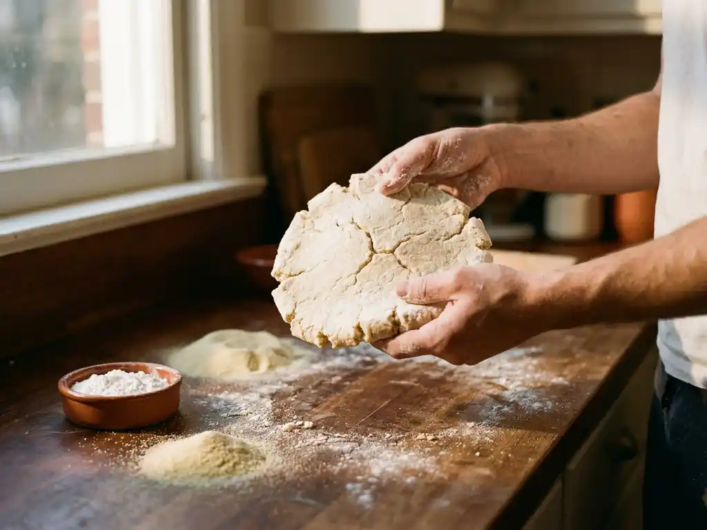 Bemeelde handen houden brokkelig glutenvrij pizzadeeg boven houten aanrecht met semolina en tapiocameel in warm namiddaglicht.