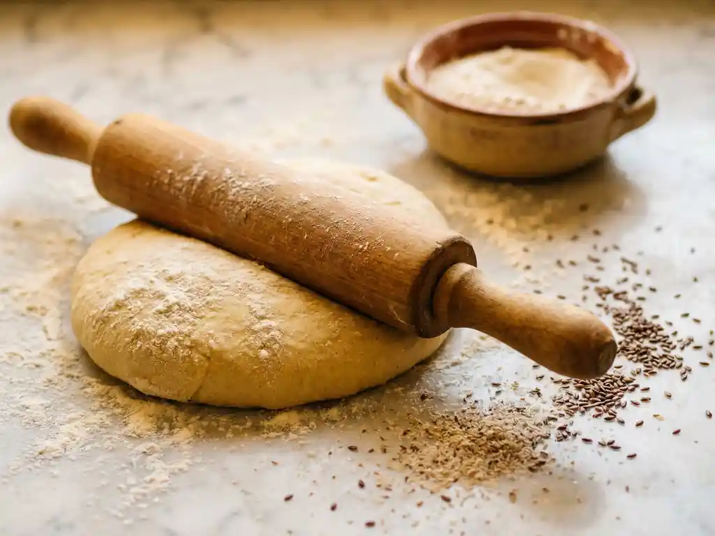 Houten deegroller op goudkleurig glutenvrij pizzadeeg bestrooid met meel, psylliumzaadjes en lijnzaad op marmeren werkblad