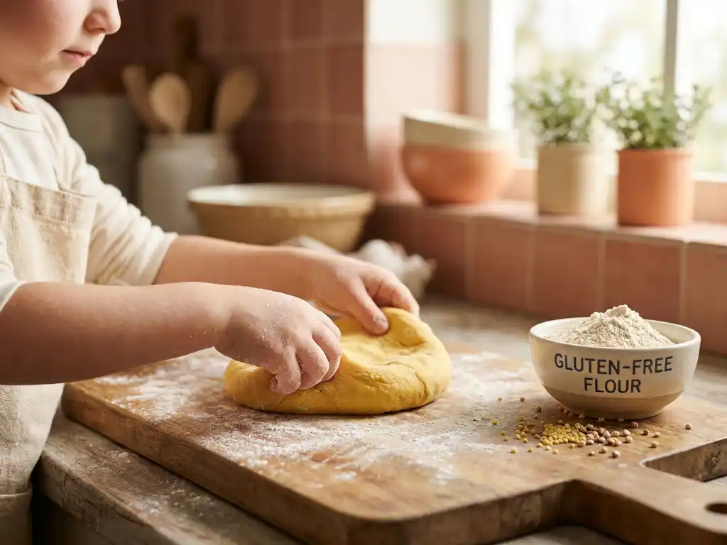 Kinderhanden rekken goudkleurig pizzadeeg op een met bloem bestoven houten plank, glutenvrije bloem ernaast, warme keuken met terracotta tegels.