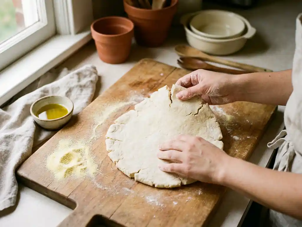 Met bloem bestoven handen rekken voorzichtig glutenvrij pizzadeeg met fijne scheurtjes, op houten snijplank met griesmeel en olijfolie.