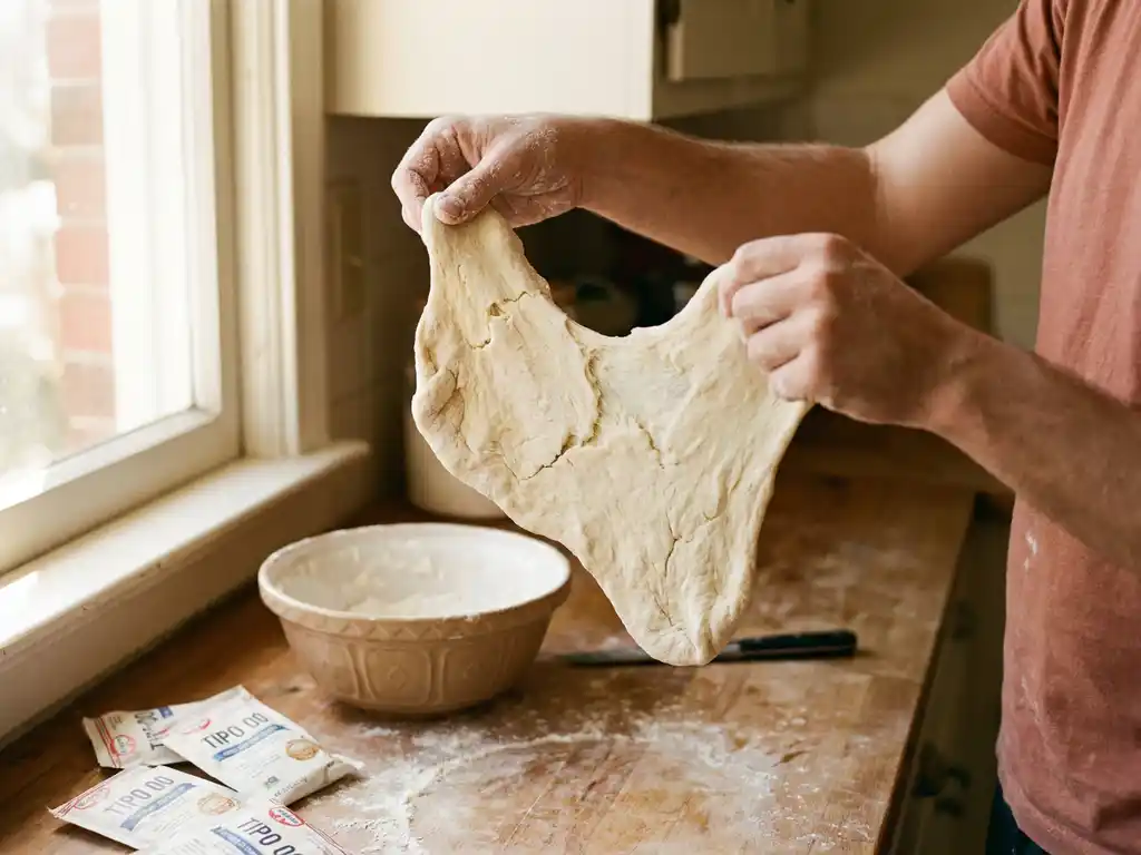Handen rekken glutenvrij pizzadeeg met zichtbare scheurtjes, op houten werkblad met tipo 00 meel en mengkom in warm licht