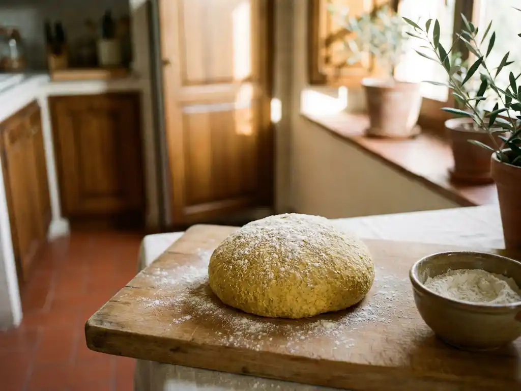 Gouden glutenvrije pizzadeeg op een met bloem bestoven houten snijplank, kommetje rijstmeel ernaast, rustieke Italiaanse keuken in warm zonlicht.