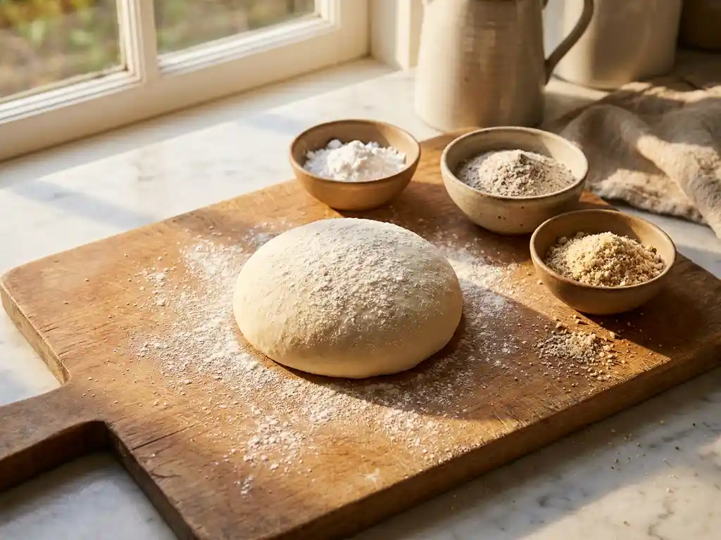 Glutenvrij pizzadeeg op houten snijplank omringd door schaaltjes met rijstmeel, tapiocazetmeel en boekweitmeel op marmeren aanrecht