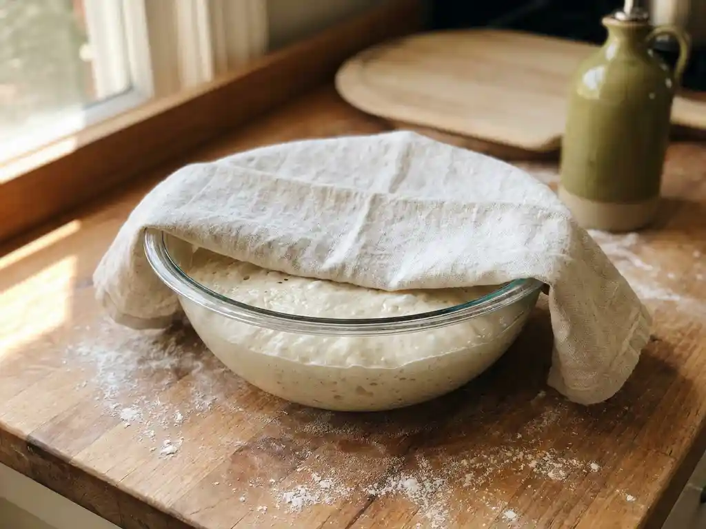 Glutenvrij pizzadeeg rijst in glazen kom onder linnen doek op houten aanrecht met meel, pizzaschep en olijfolie op achtergrond