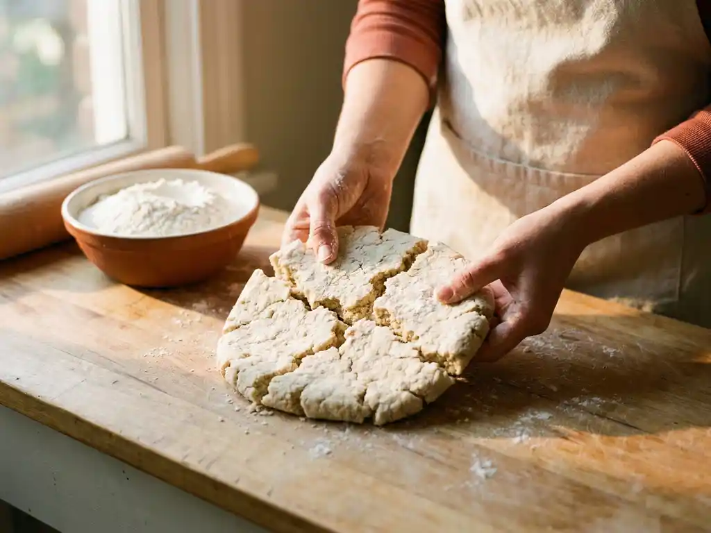 Handen rekken bros glutenvrij pizzadeeg op een met meel bestoven houten werkblad, kom rijstmeel en deegroller ernaast.