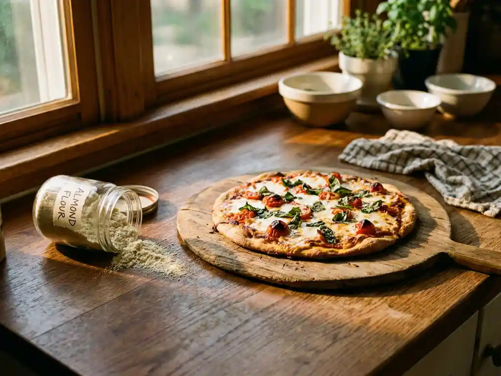 Glutenvrije pizza met goudbruine korst, gesmolten mozzarella en verse basilicum op houten pizzaschep, amandelmeelpotje ernaast.