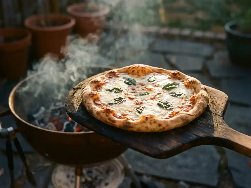 Glutenvrije pizza met gesmolten mozzarella en verse basilicum op houten pizzaschep, dampend vanaf de barbecue in warm avondlicht.