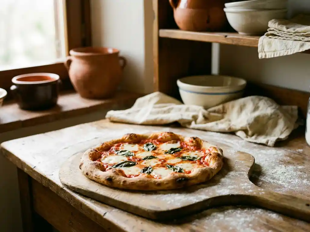 Glutenvrije pizza met goudbruine korst op houten pizzaschep, verse basilicum en San Marzano tomatensaus, bestoven met rijstmeel.