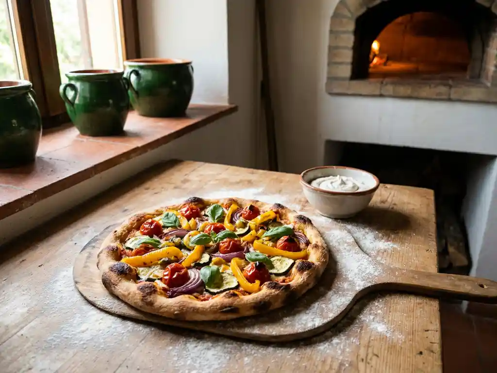 Glutenvrije pizza met geroosterde groenten en verse basilicum op een houten pizzaschep, met zuivelvrije cashewroom ernaast.