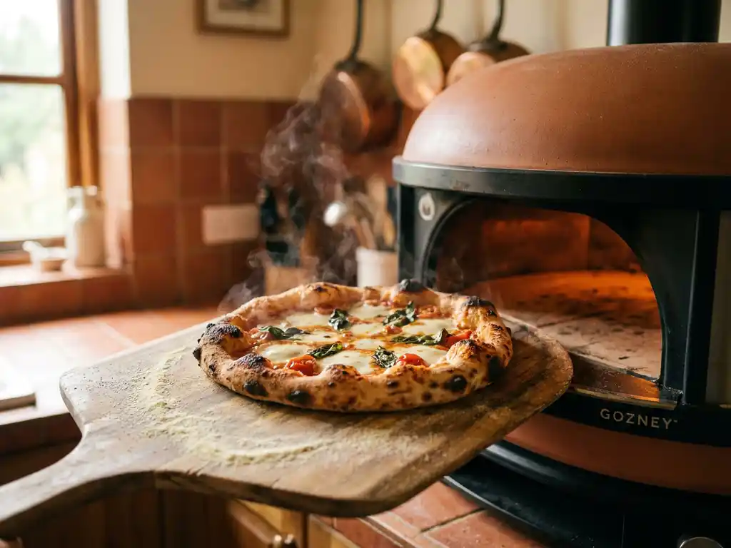 Glutenvrije pizza met knapperige, geblakerde korst op houten pizzaschep bij houtgestookte Gozney oven, bestoven met rijstmeel.