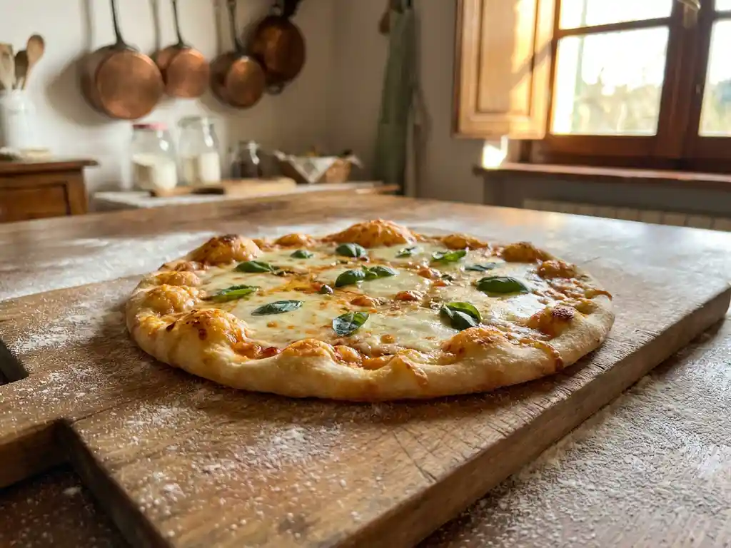 Glutenvrije pizza met gesmolten mozzarella en verse basilicum op een houten snijplank, bestrooid met rijstmeel.
