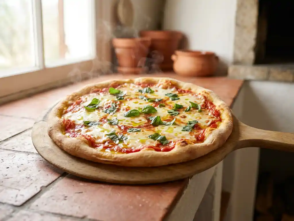 Glutenvrije pizza met goudbruine korst, gesmolten mozzarella, San Marzano-tomatensaus en verse basilicum op houten pizzaschep.