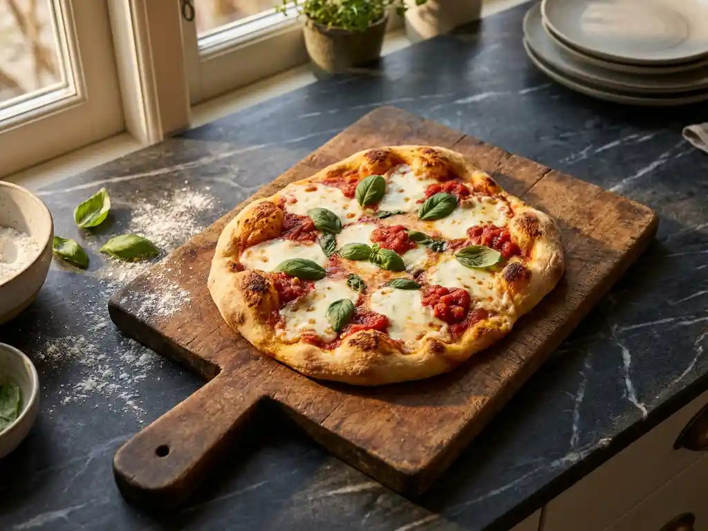 Glutenvrije pizza met goudbruine korst, gesmolten mozzarella en verse basilicum op een houten snijplank, rijstmeel ernaast.
