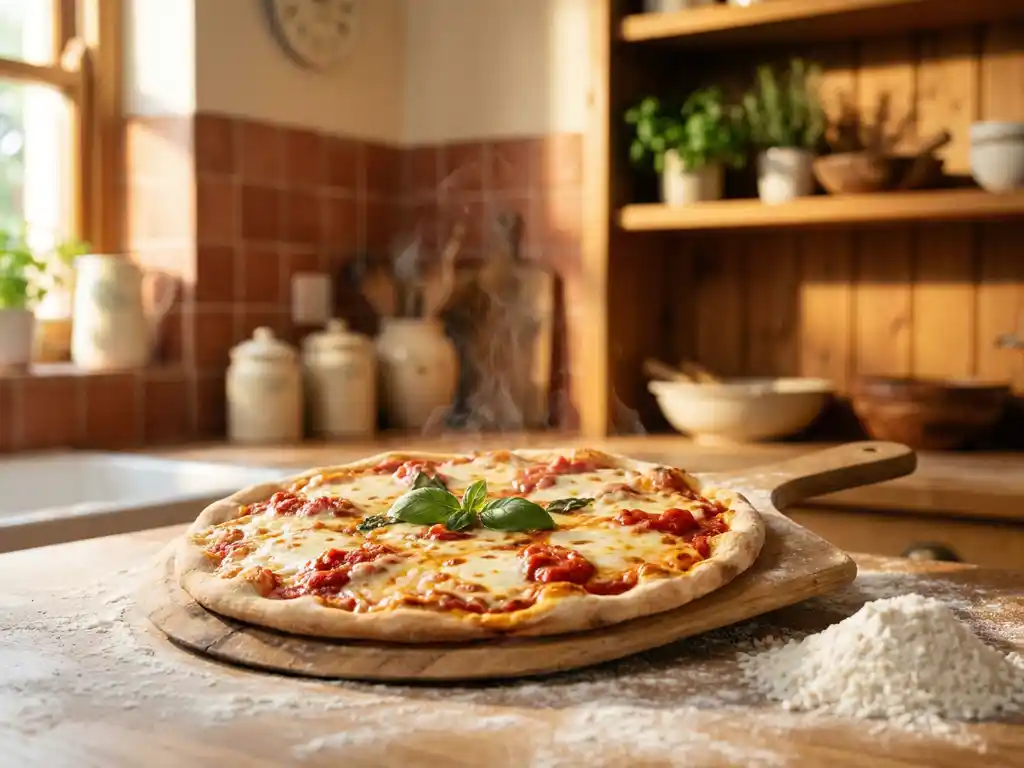Glutenvrije pizza met goudbruine mozzarella en San Marzano-tomatensaus op een houten pizzaschep, rijstmeel ernaast.