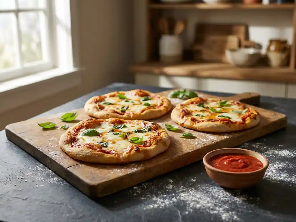 Drie goudbruin gebakken glutenvrije pizza's met gesmolten mozzarella en verse basilicum op een houten snijplank, met tomatensaus ernaast.