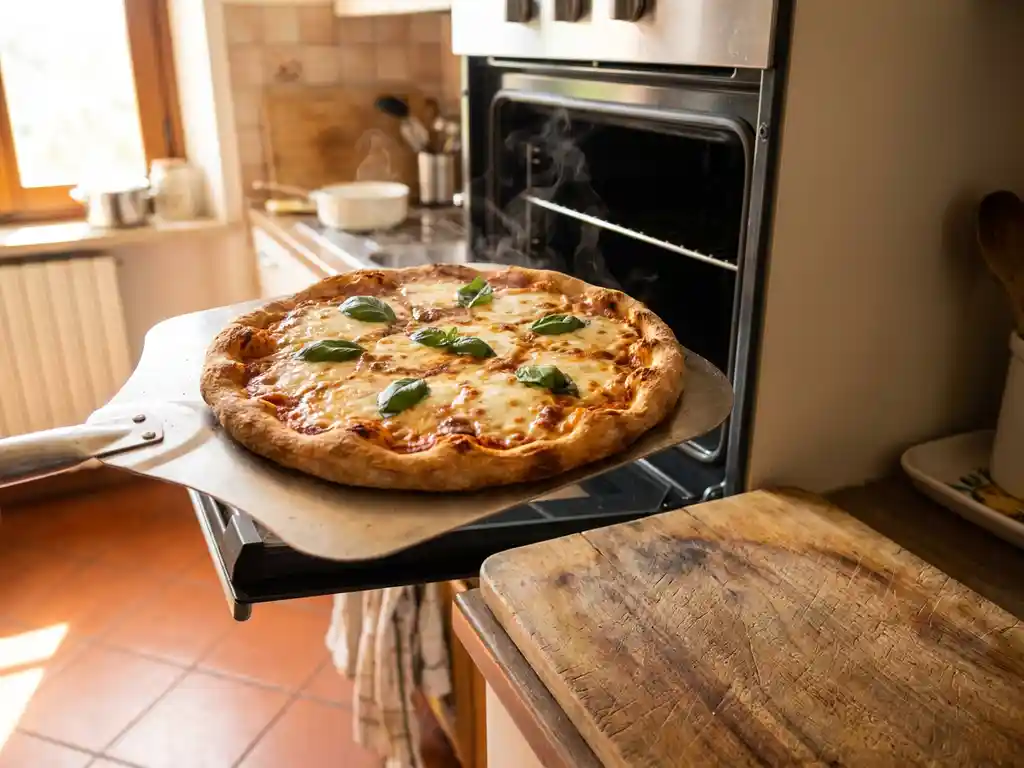 Glutenvrije pizza met goudbruine korst, borrelende mozzarella en verse basilicum komt dampend uit de oven op een houten snijplank.