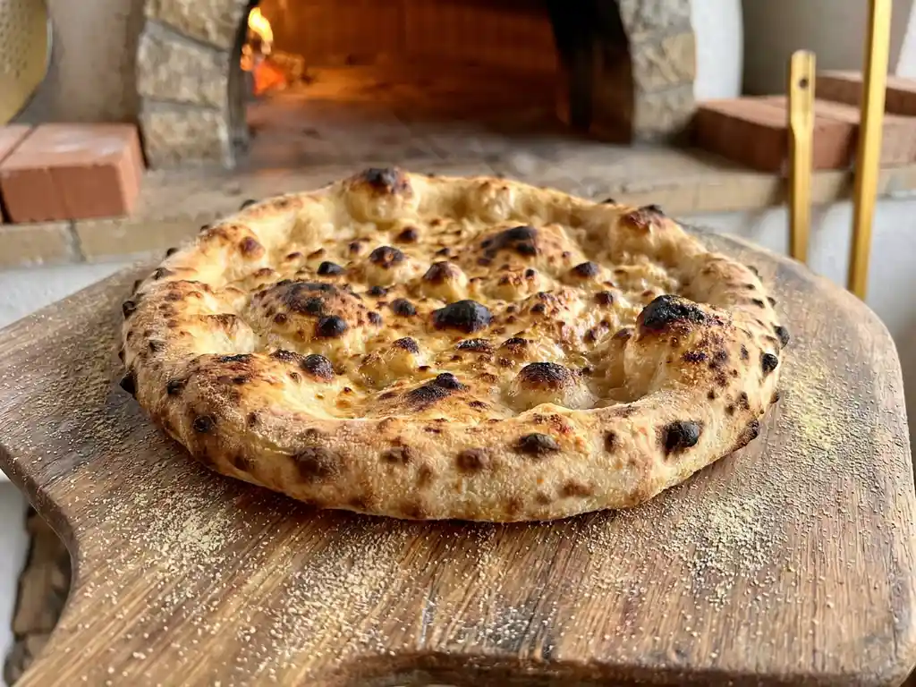 Goudbruine glutenvrije pizzabodem met knapperige bubbels op houten pizzaschep, traditionele Napolitaanse oven gloeit op de achtergrond.