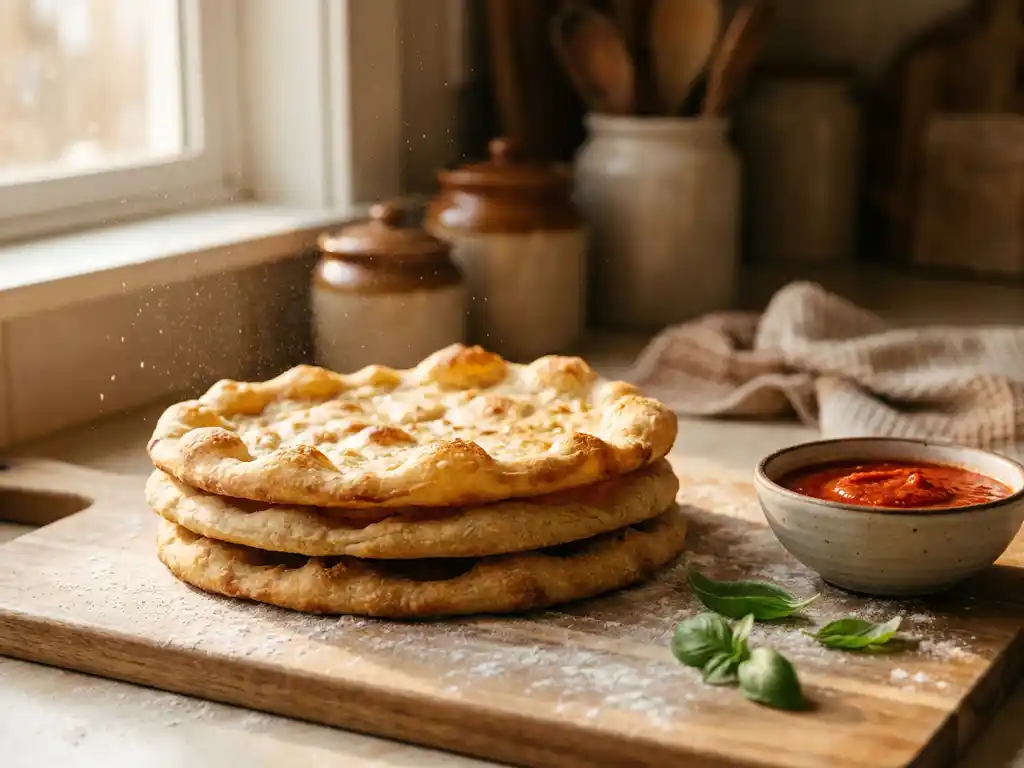 Stapel goudbruine glutenvrije pizzabodems op houten snijplank met San Marzano tomatensaus en verse basilicum