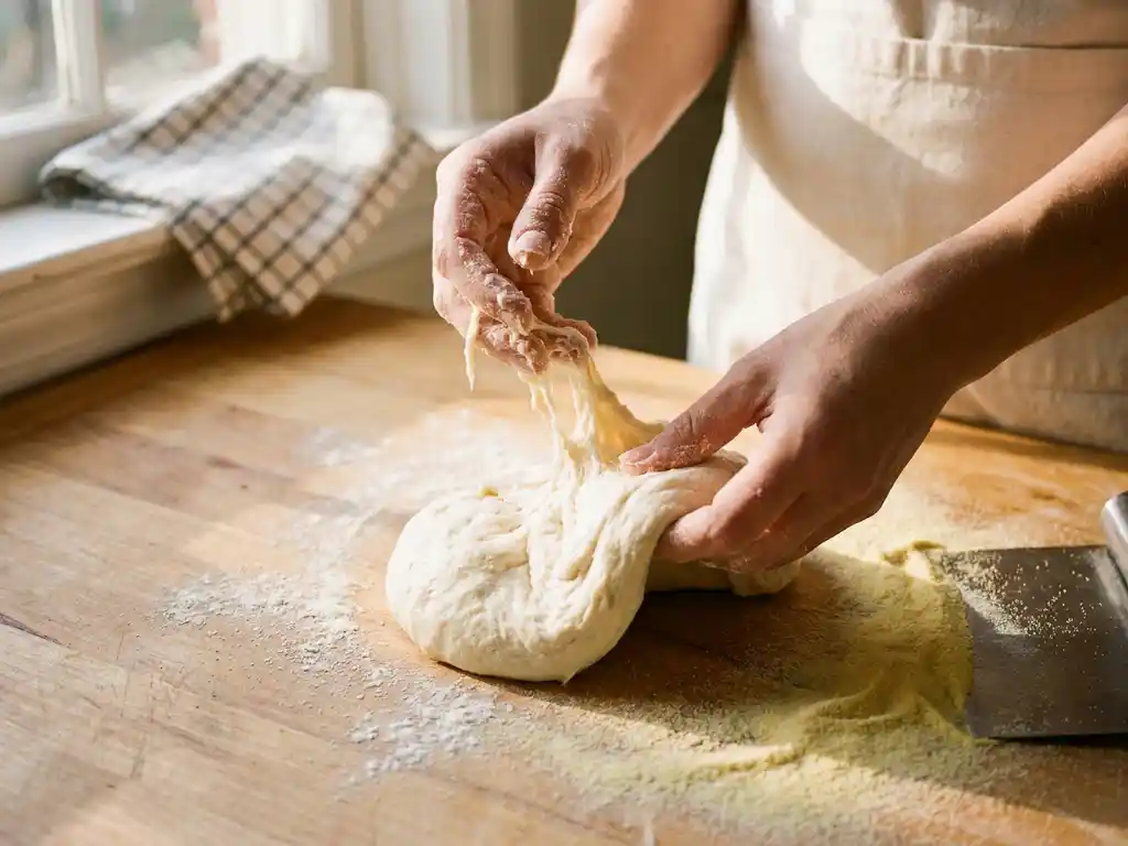 Met bloem bestoven handen rekken zacht glutenvrij pizzadeeg op een houten aanrechtblad, met semolina en een deegschraper ernaast.