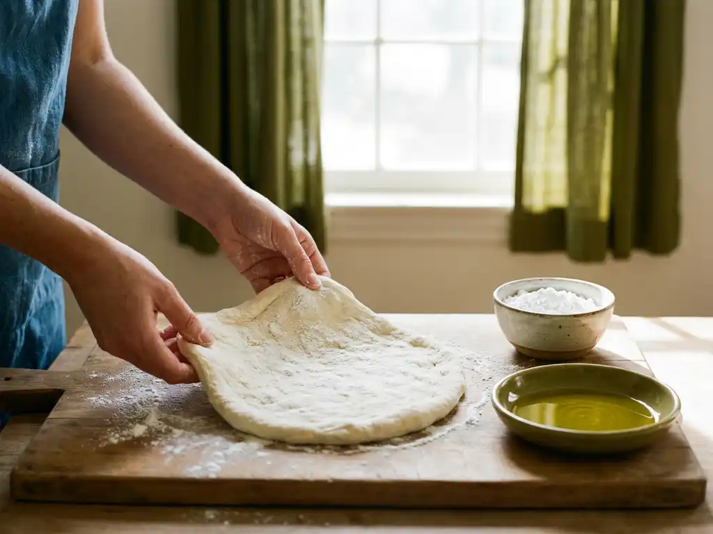 Handen rekken glutenvrij pizzadeeg op een met bloem bestoven houten plank, met tapiocazetmeel en olijfolie in warm zonlicht.