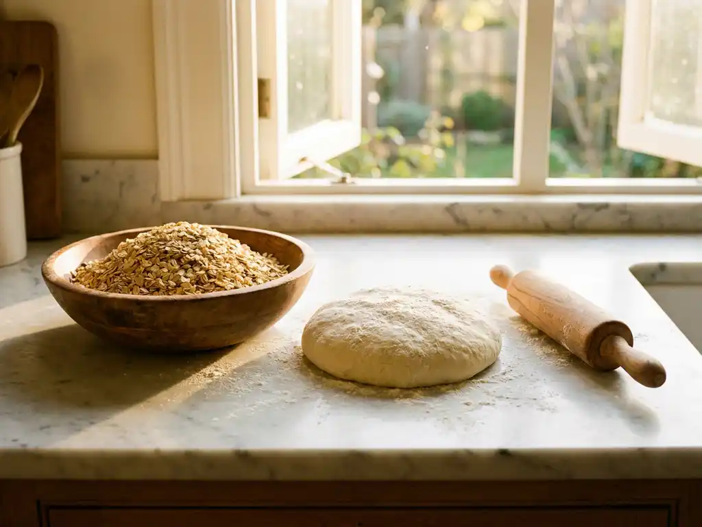Houten kom met havervlokken naast pizzadeeg bestoven met bloem, deegroller op marmeren aanrecht in warm ochtendlicht.