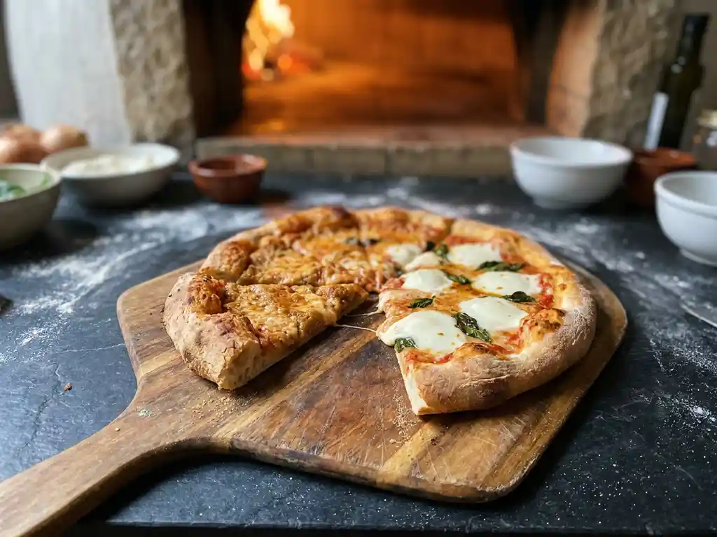 Versgebakken pizza uit houtoven op houten pizzaschep, half belegd met mozzarella en basilicum, gouden korst, op donkere leisteen met bloem