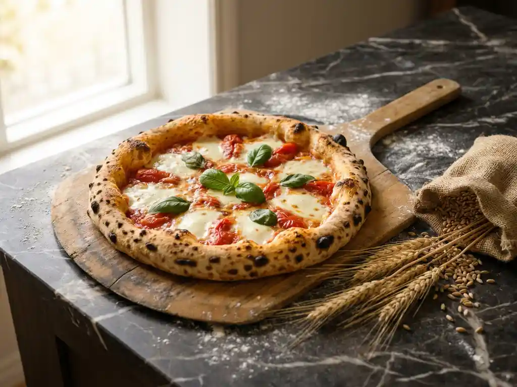 Napolitaanse pizza met gevlekte korst op houten pizzaschep, tarwearen en bloem op donker marmeren aanrecht.
