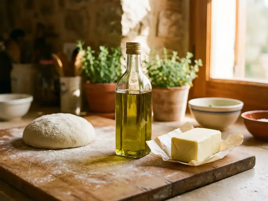 Fles extra vierge olijfolie naast een blok roomboter op een houten snijplank met pizzadeeg en bloem