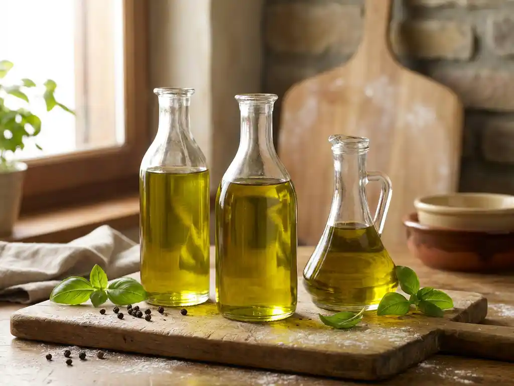Drie glazen flessen extra vierge olijfolie op een rustieke houten snijplank met verse basilicum en zwarte peperkorrels