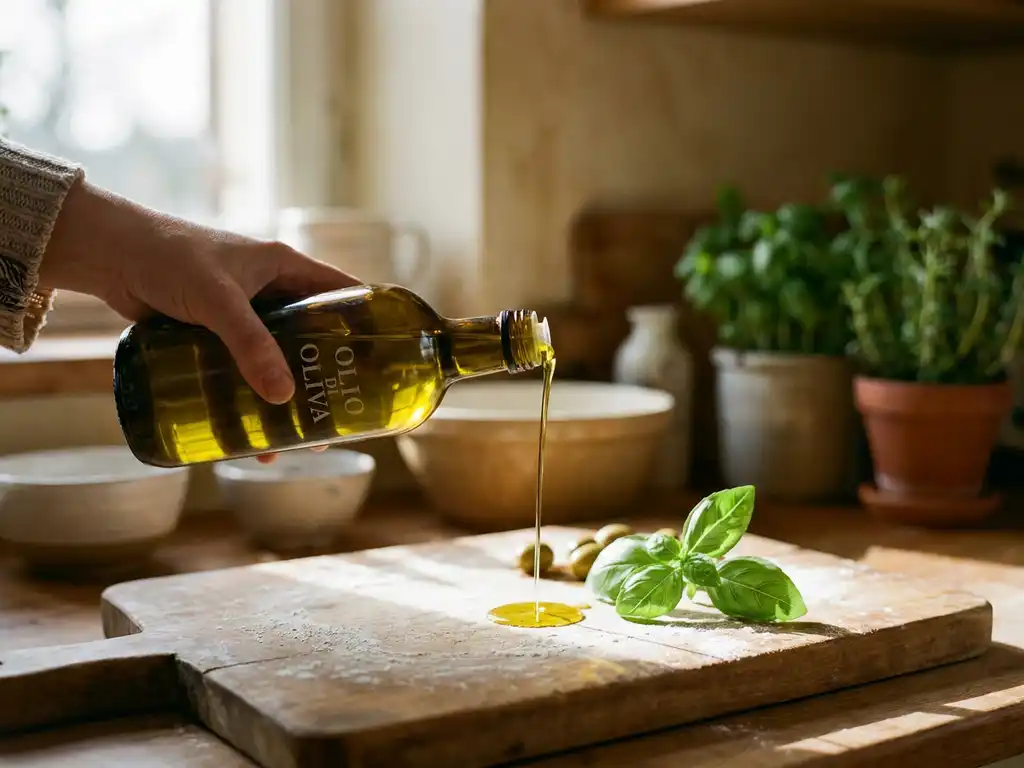 Goudgroene olijfolie stroomt uit donkere fles op rustieke houten snijplank met verse basilicum en bloem in warm middaglicht.