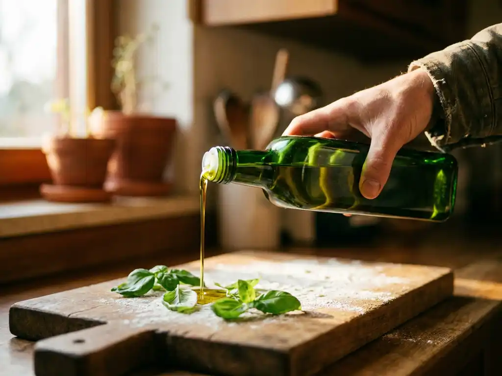 Goudgroene olijfolie stroomt uit donkergroene glazen fles op rustieke houten snijplank naast verse basilicum en bloem.
