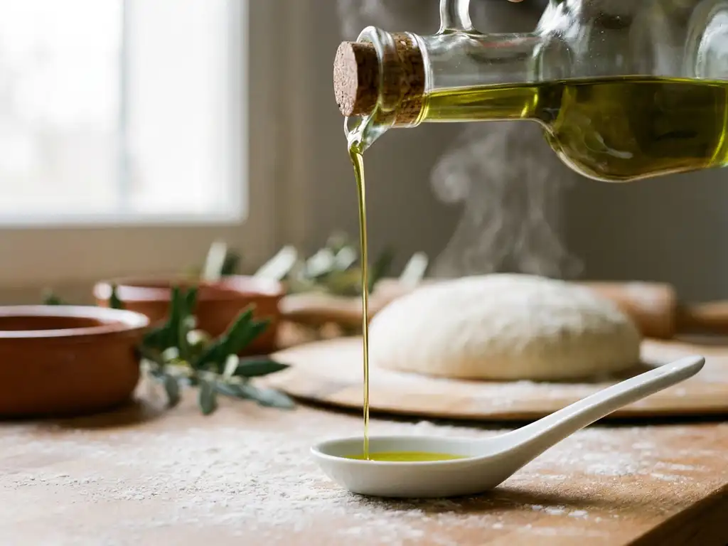 Goudgroene olijfolie stroomt uit glazen fles op witte keramische lepel, verse pizzadeeg op rustieke houten aanrecht op achtergrond