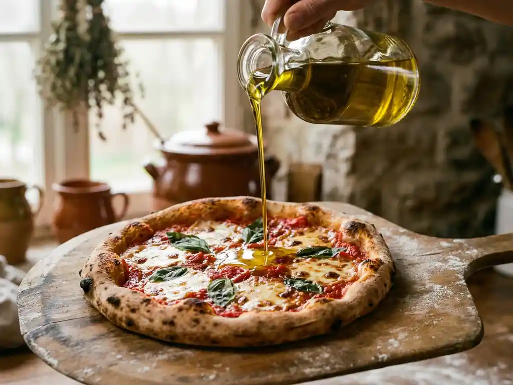 Goudkleurige extra vierge olijfolie stroomt uit glazen fles over Napolitaanse pizza met borrelende mozzarella op houten pizzaschep.