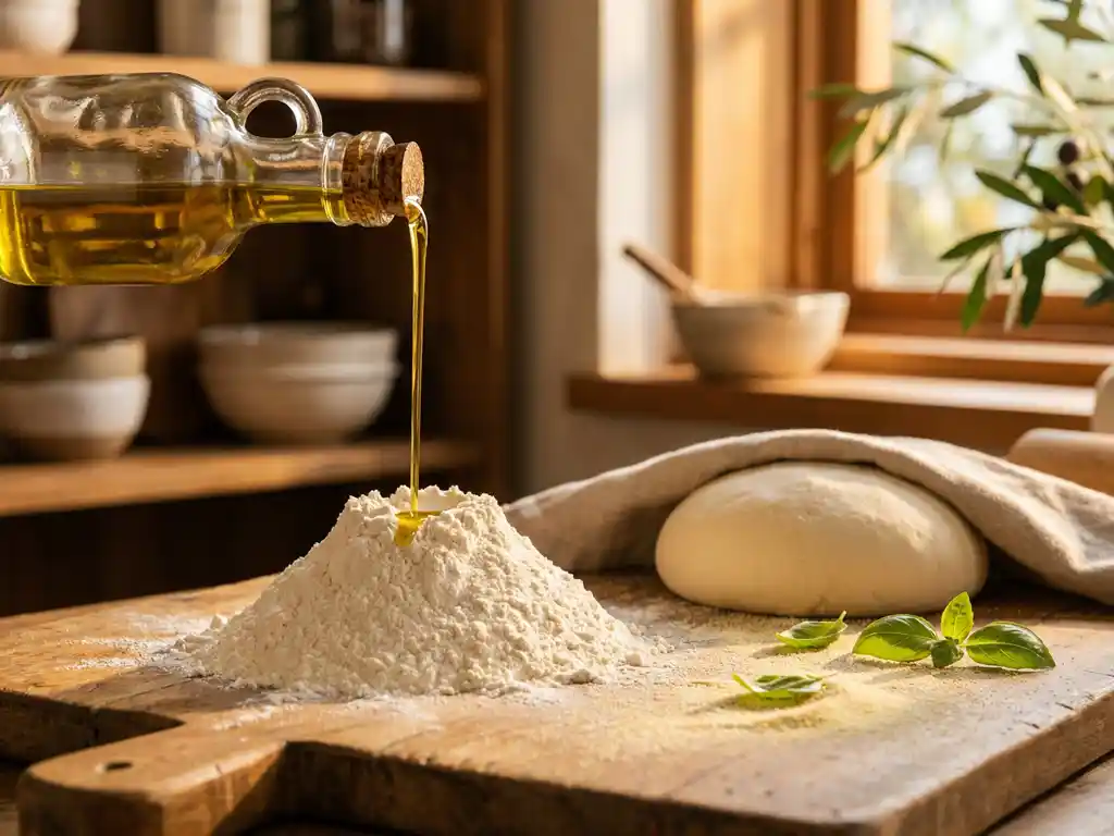 Gouden olijfolie stroomt uit glazen fles in bloem op houten snijplank, pizzadeeg en semolina in warm keukenlicht
