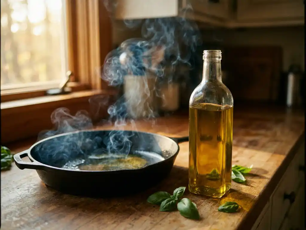 Glazen fles extra vierge olijfolie naast een rokende gietijzeren pan op een houten aanrecht, verse basilicumblaadjes verspreid