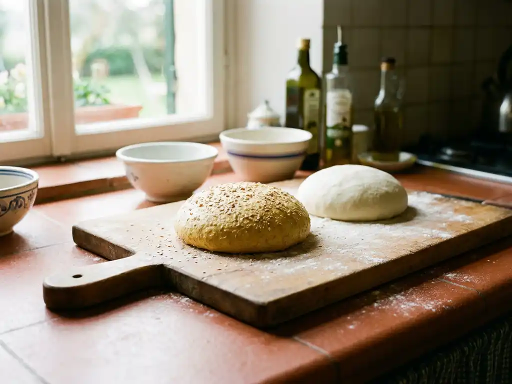 Twee verse pizzadeegbollen op een rustieke houten snijplank, één goudkleurig met zichtbare korrelstructuur, de ander bleek en glad, met bloem bestoven.