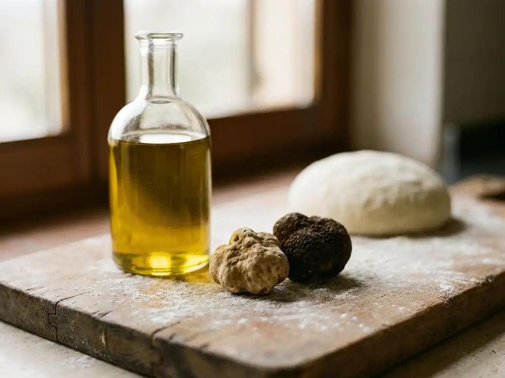 Glazen fles gouden olijfolie naast witte en zwarte truffel op houten snijplank met bloem, pizzadeeg op achtergrond