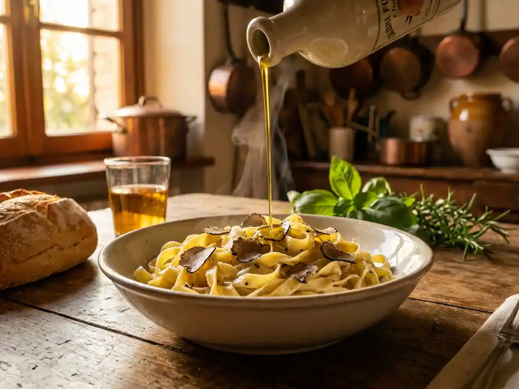Gouden truffelolijfolie druipt over dampende tagliatelle met donkere truffelschaafsel, geserveerd op een rustieke houten tafel in warm licht.