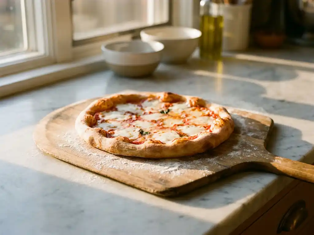 Goudbruine pizza met luchtige korst, San Marzano tomatensaus en gesmolten mozzarella op houten pizzaschep in zonlicht.